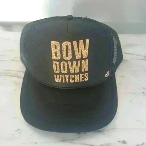 Mother Trucker Unisex Black & Gold Bow Down Witches Trucker Hat Halloween Cap - Picture 2 of 6